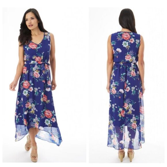 APT 9 Tropical V-neck High Low Floral Belted Maxi midi chiffon Dress size medium - Picture 1 of 12